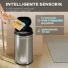 A person is using a sensor trash can in a kitchen setting, with feature callouts. Produktbild-Vorschau