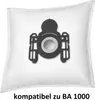 A white vacuum cleaner dust bag with a black adapter shown in the center. Produktbild-Vorschau