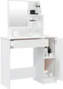 A white vanity table with a mirror and shelves, displaying various cosmetic bottles and containers. Anteprima dell’immagine prodotto