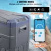 A person is holding a smartphone displaying a control app next to a portable refrigerator. Produktbild-Vorschau