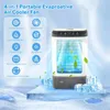 A portable air cooler fan is displayed on a platform with ice cubes and leaves, against a light blue and white background with feature callouts. Produktbild-Vorschau
