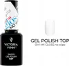 A product shot of a bottle of gel polish next to a swatch of the polish color, with text overlays. Náhled obrázku produktu