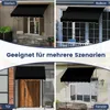 A collage of four images showing black awnings installed in different outdoor settings: a garden, a balcony, a doorway, and a window. Anteprima dell’immagine prodotto