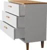 A white dresser with wooden legs and drawer pulls, with the drawers partially open. Podgląd zdjęcia produktu