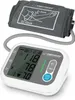 A digital blood pressure monitor and its cuff are shown against a white background. Produktbild-Vorschau