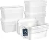 A stack of white rectangular buckets with lids and handles, with one bucket in the foreground open. Voir les images du produit