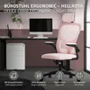 A pink ergonomic office chair is shown in a home office setting with a desk, computer, and filing cabinet. Produktbild-Vorschau