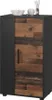 A black and wood-grain cabinet with a single door and a handle. Decorative items are on top of the cabinet. Produktbild-Vorschau