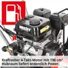 Close-up of a snowblower engine with a fuel icon overlay and descriptive text. Produktbild-Vorschau