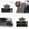 Collage of marketing images for iPhone camera lens protectors, showing features like hardness, scratch resistance, fingerprint resistance, and transparency. Produktbild-Vorschau