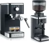 A black espresso machine and a coffee grinder are shown side-by-side against a white background. Náhled obrázku produktu