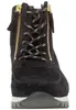 A close-up front view of a black suede boot with gold zippers and black and gold laces. Produktbild-Vorschau