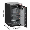 A black safe with its door open, showing internal shelves and dimensions indicated by measurement lines and text. Anteprima dell’immagine prodotto