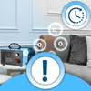 An ozone generator is shown in a living room setting with pillows and an accent wall. There are graphic overlays indicating "O3" molecules, a timer, and an exclamation mark. Voir les images du produit