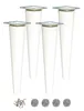 Four white tapered furniture legs with silver mounting plates, along with a pile of screws and four felt pads, are displayed against a white background. Produktbild-Vorschau