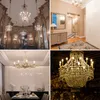 A collage of four images showcasing different chandeliers and a hallway with a console table and mirror. Produktbild-Vorschau