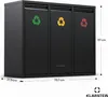 A black 3-in-1 kitchen bin with recycling symbols on each compartment, with dimensions indicated. Podgląd zdjęcia produktu