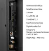 A close-up view of the ports and connections on the back of a television, with a list of its features in German. Produktbild-Vorschau