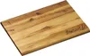 A wooden cutting board with a logo and text on it. Produktbild-Vorschau
