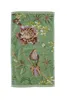 A green towel with a floral and bird pattern. Produktbild-Vorschau