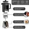 Diagram showing the components and features of a French press coffee maker. Produktbild-Vorschau