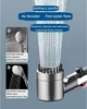 A close-up of a shower head with water spraying from it, accompanied by descriptive text and smaller inset images illustrating potential problems with other shower heads. Produktbild-Vorschau