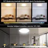 Collage showing a ceiling light in different color temperatures and brightness levels. Produktbild-Vorschau