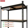 A black metal shelving unit with wooden shelves, shown against a white background. Text overlays highlight features and origin. Anteprima dell’immagine prodotto