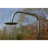An outdoor shower head with water spraying, set against a blurred background of trees and foliage. Voir les images du produit