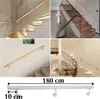 A collage of images showing wooden handrails installed on various staircases, with a diagram of a handrail and its dimensions at the bottom. Náhľad obrázku produktu