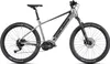 A silver electric mountain bike is shown against a white background. Produktbild-Vorschau