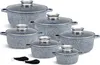 A set of granite-coated pots and pans with glass lids, arranged on a white background. Produktbild-Vorschau