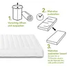 An illustration showing how to unpack and set up a mattress, with a real mattress shown at the bottom. Anteprima dell’immagine prodotto