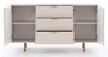 An open white sideboard with three drawers and two doors, standing on gold legs, against a white background. Produktbild-Vorschau