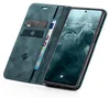 A teal flip case for a smartphone, open to reveal card slots and a phone screen displaying the time and date. Produktbild-Vorschau