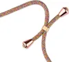 A close-up of a colorful braided cord with rose gold metal accents. Produktbild-Vorschau