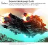 A split image showing a spaceship with fiery engines in the upper half and a rocky, alien landscape in the lower half. The left side of the image is brighter and more orange, while the right side is darker and more blue. Produktbild-Vorschau