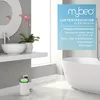 A bathroom with a sink, mirror, bathtub, and a small white dehumidifier plugged into the wall. Produktbild-Vorschau