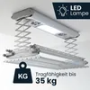 A ceiling-mounted electric clothes dryer with integrated LED lighting and fans. Produktbild-Vorschau