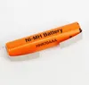 A single orange AAA battery with text printed on it, resting on a white surface with metal clips on either side. Produktbild-Vorschau