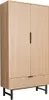 A full-shot image of a modern, light wood wardrobe with a single black handle on the right door and a drawer at the bottom, set against a white background. Produktbild-Vorschau
