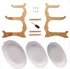 A disassembled 3-tier bamboo stand with three white oval plates and assembly hardware. Náhled obrázku produktu