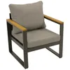 A single outdoor armchair with gray cushions and wooden armrests, set against a white background. Produktbild-Vorschau