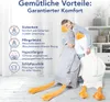 A woman is hugging two large plush goose toys, one gray and one white, in a room with shelves in the background. There are also icons and text describing the product's benefits. Náhľad obrázku produktu