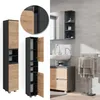 A collage of images showing a tall bathroom cabinet with a wood-effect door and anthracite frame, both closed and open, and a separate image of a bathroom sink area with a similar cabinet and mirror. Náhľad obrázku produktu