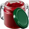 Three glass jars, one filled with red jam or spread, with a green lid placed next to it. The other two jars are empty and behind the filled one. Podgląd zdjęcia produktu