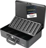 A black metal cash box with a coin sorting tray is open, displaying its compartments and the tray's coin slots. A product tag hangs from the lid. Produktbild-Vorschau