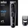 A product shot of a Braun hair clipper and an accessory on a black background with marketing text. Náhľad obrázku produktu