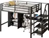 A loft bed with a desk, wardrobe, and shelves underneath, set against a white background. Produktbild-Vorschau