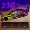 A remote-controlled car with a vibrant, abstract design is shown in motion, with smoke effects suggesting speed and action. Below the car, a dark bar displays icons and text representing product features. Voir les images du produit